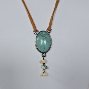 N-016- Claires Bohemian Silver Tone Necklace with Turquoise Colored Pendant